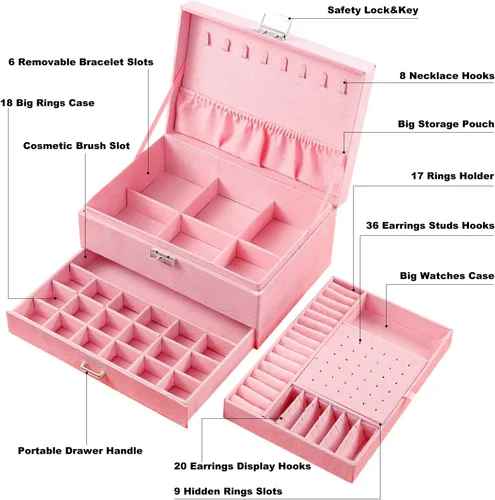 Miniatura 4 de QBestry Caja organizadora de joyas para mujer, caja de joyería de terciopelo rosa para collares y aretes, anillos, pulseras, joyero, organizador