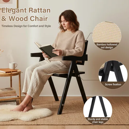Miniatura 3 de Furlide Juego de 2 sillas de comedor de ratán, sillas de comedor modernas de mediados de siglo con brazos, sillas de bambú para exteriores
