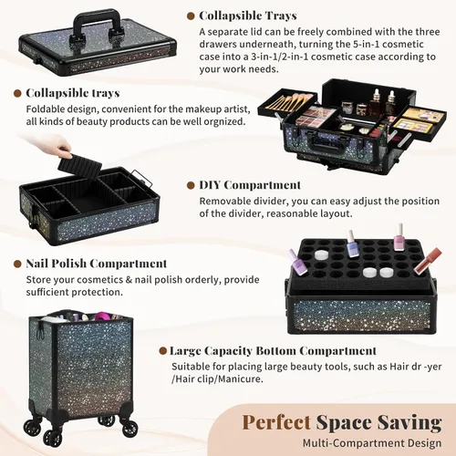 Miniatura 6 de AROUS Estuche de Maquillaje Rodante 5 en 1, Estuche de Cosmetología con Ruedas, Organizador de Cosméticos Grande, Carro de Viaje para Peluquero