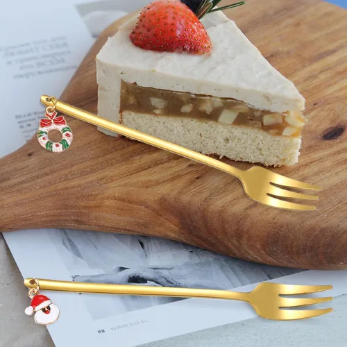 Miniatura 3 de Juego de cubiertos dorados de Navidad para postre, cubiertos de acero inoxidable, 6 piezas, utensilios de aperitivo con mango de abalorios