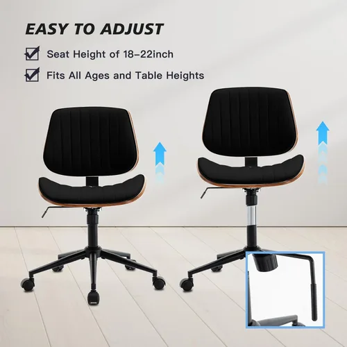 Miniatura 6 de Silla de escritorio sin brazos con ruedas giratorias de 360°, silla de computadora ergonómica de altura ajustable para oficina en casa, piel Negro