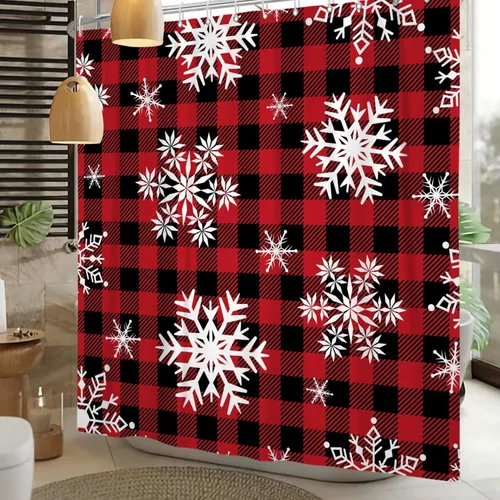 Miniatura 6 de Cortina de ducha con diseño de copo de nieve, rojo, negro, búfalo a cuadros, Navidad, blanco, nieve, invierno, decoración de baño, retro, rústico