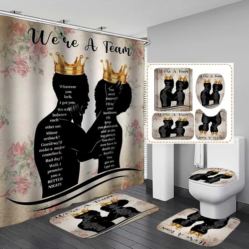 Jayden Madge - Juego de 4 cortinas de ducha afroamericanas, vintage floral, citas románticas inspiradoras, corona dorada de lujo, corona de oro