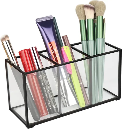ELEGANTLIFE Organizador de brochas de maquillaje de vidrio transparente, lujoso soporte de almacenamiento de cepillos de cosméticos de vidrio Negro