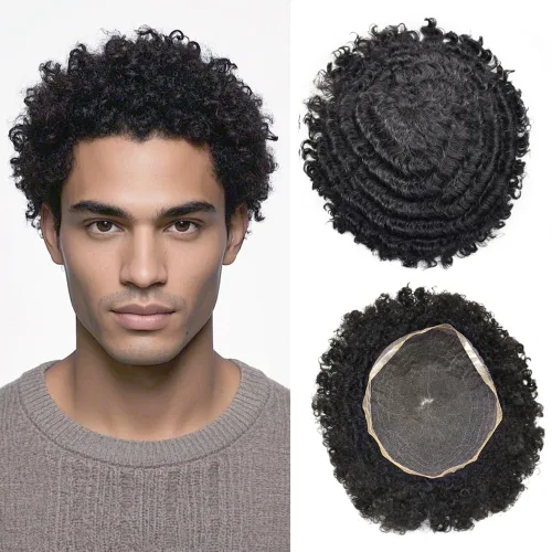 Miniatura 11 de Afro Toupee For Black Men Black Human Hair Mens Toupee Full Lace Hairpiece African American Wavy Kinky Hair System For Men 2MM Afro Wavy-#1 Jet Black