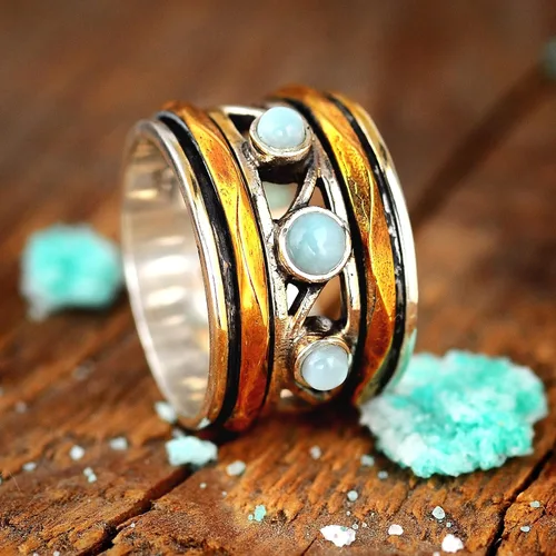 Miniatura 5 de Boho-Magic Anillo giratorio Larimar de plata de ley 925 para mujer con bandas giratorias de latón, Metal no precioso Piedra preciosa, larimar