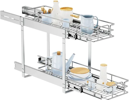 Miniatura 19 de LOVMOR Organizador individual extraíble de gabinete, cajones de gabinete de 2 niveles deslizantes, organizador de ollas y sartenes, estante