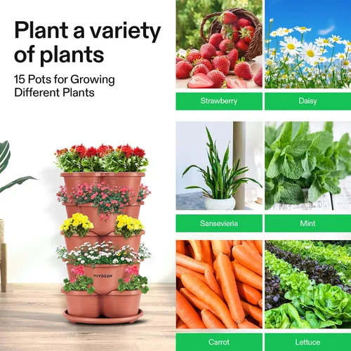 Miniatura 7 de VIVOSUN - Jardinera vertical apilable de 5 niveles para fresas, flores, hierbas y verduras, color marrón