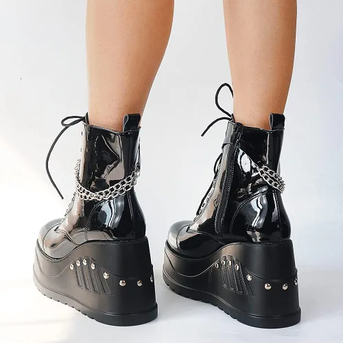Miniatura 7 de Erocalli Botas de plataforma góticas para mujer con cordones con cadena botines cortos con tachuelas