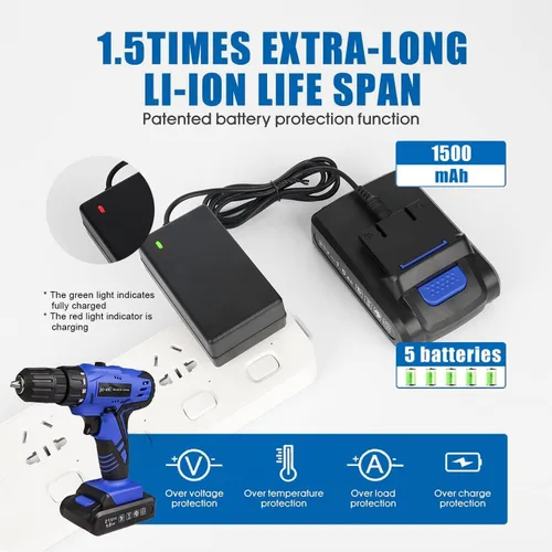 Miniatura 4 de Jar-Owl taladro inalámbrico de 21 V, par de 350 pulgadas/libra, velocidad variable de 0-1350 RPM, portabrocas sin llave de 10 mm y 3/8 pulg