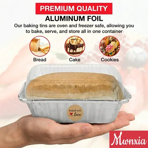 Miniatura 5 de Mini moldes desechables de aluminio con tapas y calcomanías "hechas a mano con amor", 6 x 3.5 x 2 pulgadas, paquete de 25 perfectas para hornear pan