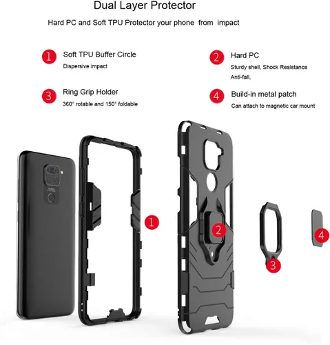 Miniatura 3 de Funda para Xiaomi Redmi Note 9 con protector de pantalla de vidrio templado Hybrid Heavy Duty Armor Funda protectora para teléfono con soporte