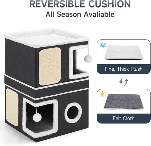 Miniatura 6 de Casa de Gato de 2 Pisos para Gatos de Interior, Separable en 2 Grandes Camas de Gato Cueva con Condominios Escondidos, Almohadillas para Rascar