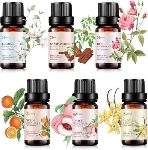 Juego de aceites esenciales de 6 x 0.3 fl oz, aceite vegetal orgánico 100% puro para difusor de masaje, aroma, spa, perfume de yoga, rosa, jazmín,