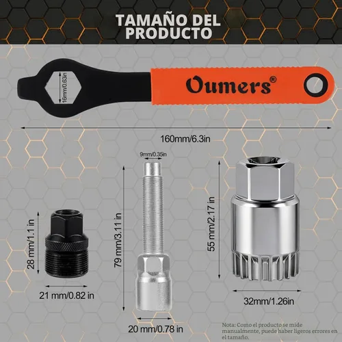 Miniatura 3 de Oumers Extractor de manivela de bicicleta/removedor de brazo y removedor de soporte inferior con llave inglesa/llave de 0.630 in. Kit de Naranja