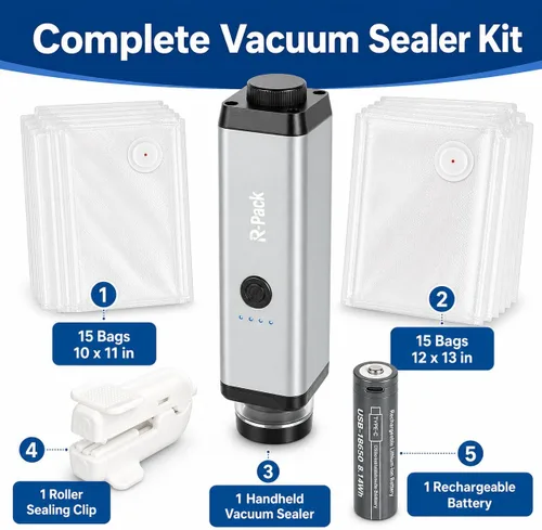 Miniatura 6 de Kit de sellado al vacío de mano con 30 bolsas de vacío y clip de sellado de bolsas de rodillo, sistema portátil de almacenamiento de alimentos