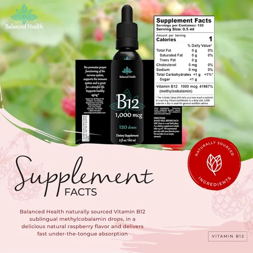 Miniatura 6 de B12 1,000 mcg, 2oz 120 porciones, sabor frambuesa, gotas sublinguales de metilcobalamina