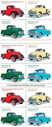 Miniatura 2 de Camionetas USPS Forever Stamp 1938 International Harvester D2 1948 Ford F1 1953 Chevrolet 1965 Ford F100 1 20 Sellos