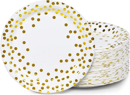 Miniatura 9 de MATICAN Platos de papel para fiestas, paquete de 100 platos desechables blancos y oro rosa, lunares de papel de aluminio, 9 pulgadas Dorado