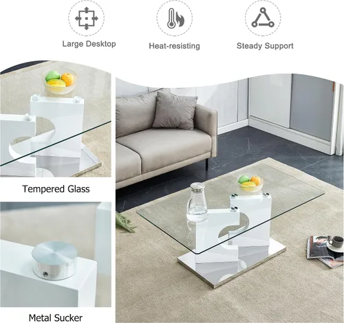 Miniatura 6 de TesNus Mesa de centro rectangular de cristal, mesa de centro moderna de vidrio templado transparente para sala de estar, base lineal blanca