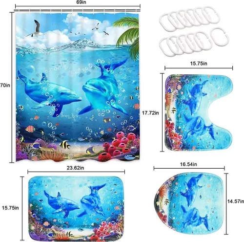 Miniatura 3 de Yddsky Juego de 4 cortinas de ducha con diseño de delfín oceánico azul con alfombras, cubierta de tapa de inodoro y tapete de baño, cortinas