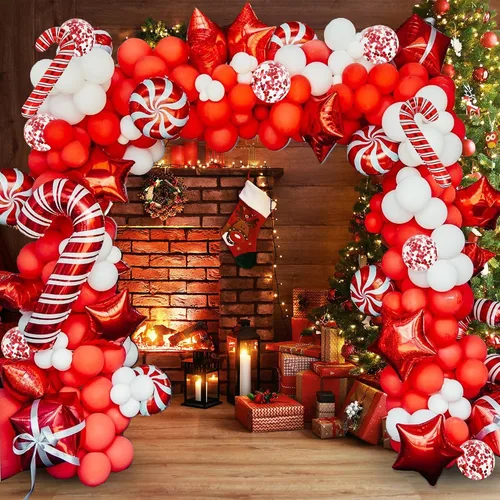 Miniatura 4 de Kit de arco de globos de Navidad de 175 piezas, incluye globos rojos, blancos, de bastón de caramelo y confeti, kit de herramientas