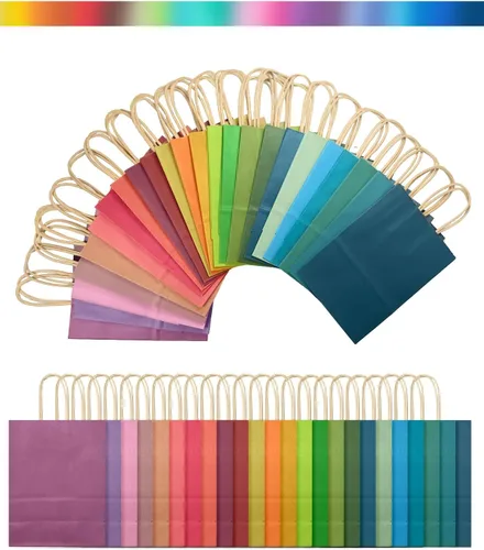 Miniatura 2 de qiqee Bolsas de regalo pequeñas de papel multicolor con asas a granel para fiesta arcoíris - 8.3"x6"x3.15" 100 piezas