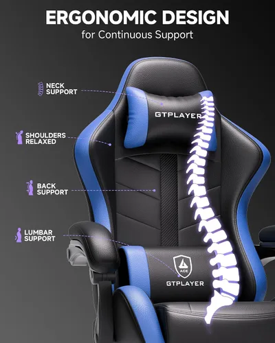 Miniatura 6 de GTPLAYER Silla de juegos para adultos, silla ergonómica para juegos de computadora con reposapiés, altura ajustable, reclinación de 90-155° y Azul