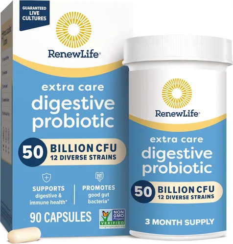 Renew Life Cápsulas de Probióticos Digestivas de Cuidado Extra, 50 Mil Millones de CFU Garantizadas, Suplemento Diario Apoya la Salud Inmune,