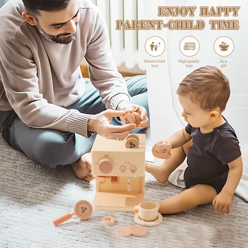 Miniatura 6 de ibwaae Cafetera para niños, 10 piezas, juego de cafetera de juguete, juego de cocina de madera, juguetes para niños pequeños, accesorios de cocina