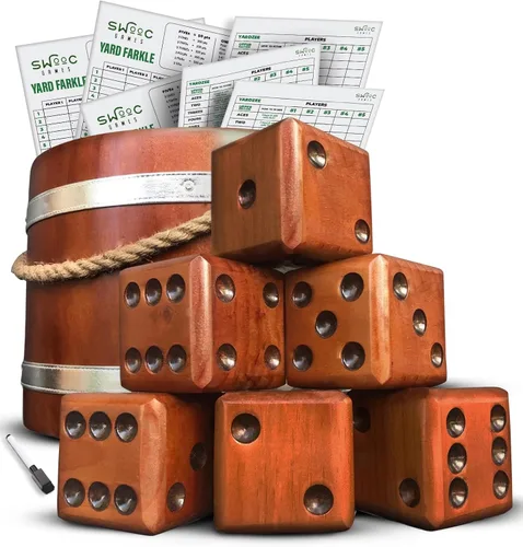 Swooc Games - Yardzee, Farkle y más de 20 juegos de dados gigantes (todo tipo de clima) con cubo de madera, 5 tarjetas de puntuación y marcador -