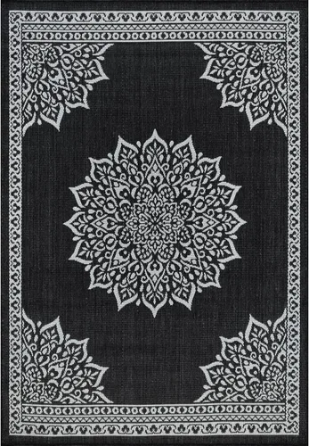 Miniatura 3 de CAMILSON Alfombra para Exteriores, 8x10 Medallón Negro Blanco Alfombras de Área Modernas para Patios Interiores y Exteriores, Alfombras de Cocina