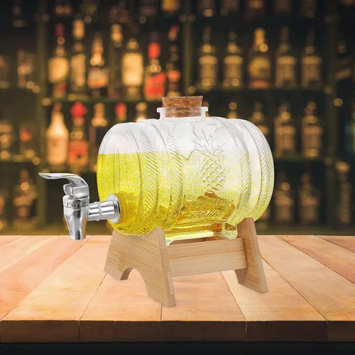Miniatura 5 de Hemoton Dispensador de barril de vino de vidrio vintage con grifo y estante de bambú de 8.07 pulgadas para whisky ron bourbon servir en fiestas