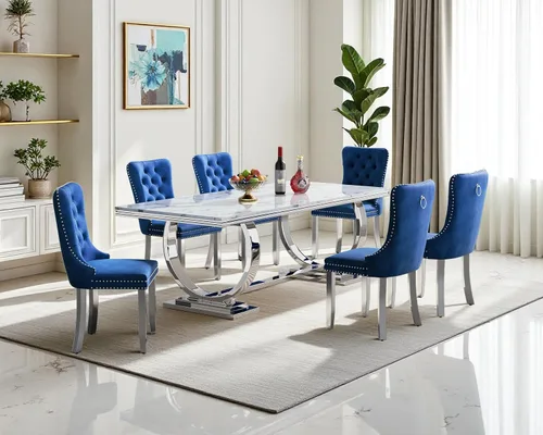 Miniatura 17 de Moderno juego de mesa de comedor de mármol sintético de 68.11 pulgadas para 6, mesa de comedor de mármol blanco y plateado con 6 sillas de Blanco