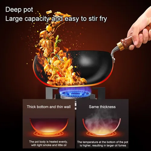 Miniatura 3 de Wok de acero al carbono, woks de 11 pulgadas y sartenes para freír con tapa de vidrio, wok antiadherente de fondo plano, pequeño wok chino hecho a
