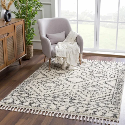 Miniatura 24 de Hauteloom, Duncans - Alfombra de estilo granja de pelo mullido para sala y dormitorio, con borlas - Beige, carbón, gris - 2 pies 7 pulgadas x 7 pies