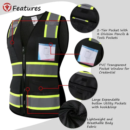Miniatura 3 de Chaleco de seguridad reflectante de alta visibilidad para hombres y mujeres con bolsillos y cremallera frontal, cumple con los estándares ANSI/ISEA