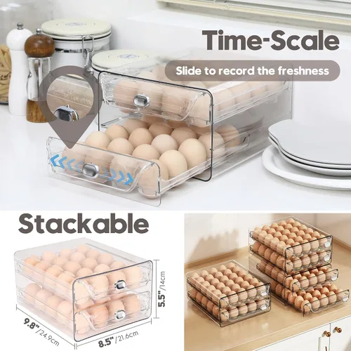 Miniatura 4 de Sea Team Soporte para huevos de plástico transparente para refrigerador, contenedor apilable para huevos con 2 bandejas extraíbles, dispensador
