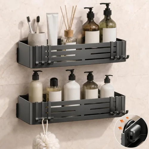 Miniatura 14 de Lekesky Organizador de ducha con ventosa, estante de ducha sin taladro, organizador de ducha de baño de aluminio a prueba de óxido con 12 ganchos