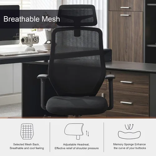 Miniatura 4 de Okeysen Silla de oficina ergonómica de malla, silla giratoria de computadora con respaldo alto con reposacabezas ajustable 2D, soporte lumbar