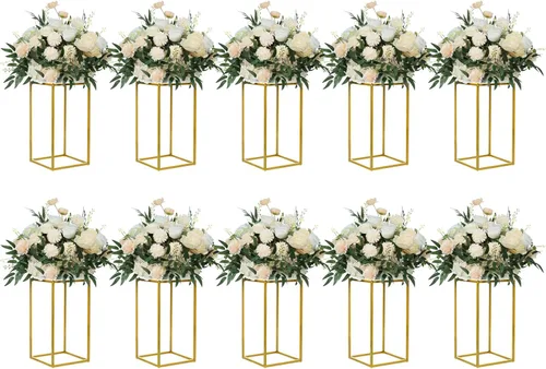 Miniatura 8 de YALLOVE Paquete de 2 soportes dorados de 15.75 pulgadas para flores de boda, soporte de columna de metal para centro de mesa geométrico