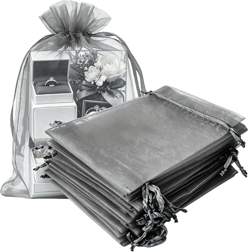 Miniatura 26 de Paquetes de 50 bolsas de organza de regalo de 4 x 6 pulgadas, cordón negro a granel para baby shower, Navidad, cumpleaños de profesores, recuerdos
