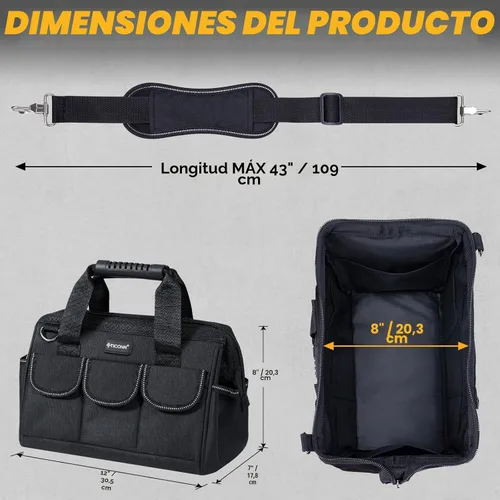 Miniatura 3 de TICONN Bolsa de herramientas resistente con múltiples bolsillos, organizador de caja de herramientas portátil, bolsa de almacenamiento, con correa