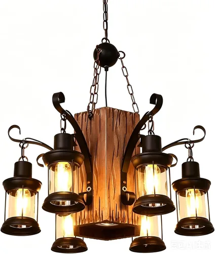 Miniatura 9 de DouSeiAi Lámpara colgante de madera industrial vintage de 4 luces, lámpara de araña retro con base E26, accesorio de techo colgante para cafetería