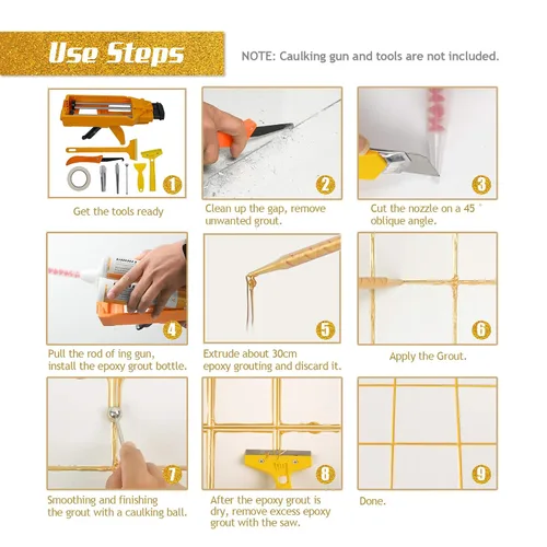 Miniatura 4 de NADAMOO Lechada epoxi dorada brillante, tubos duales impermeables para baldosas de 19 onzas, 13.5 fl oz, línea de lechada de azulejos para ducha