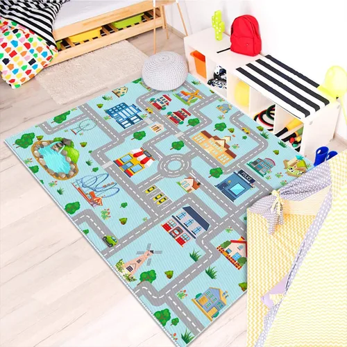 Miniatura 8 de Alfombra de coche para niños, 2 pies 7 pulgadas x 4 pies, alfombra de juego para trenes de autos de juguete, alfombra antideslizante para pista