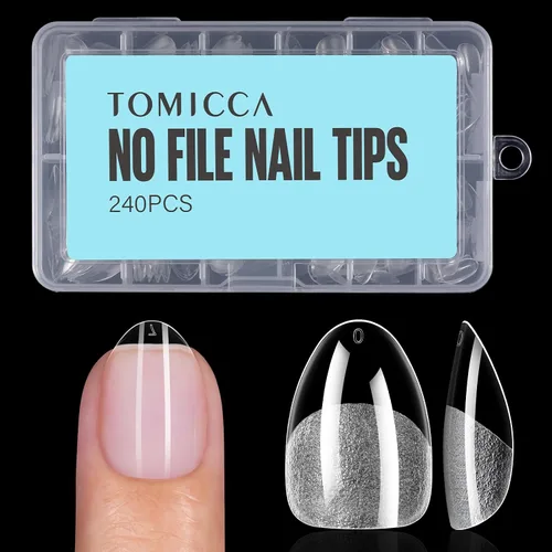 TOMICCA Puntas de uñas de almendra extra cortas, 240 unidades, 15 tamaños, puntas de uñas de gel transparente preformadas, no necesita lima, uñas