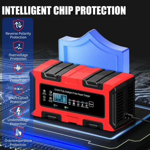 Miniatura 6 de Cargador de batería inteligente de coche de 12 V/24 V, mantenedor de 10 amperios y cargador de goteo, desulfatador con compensación de temperatura