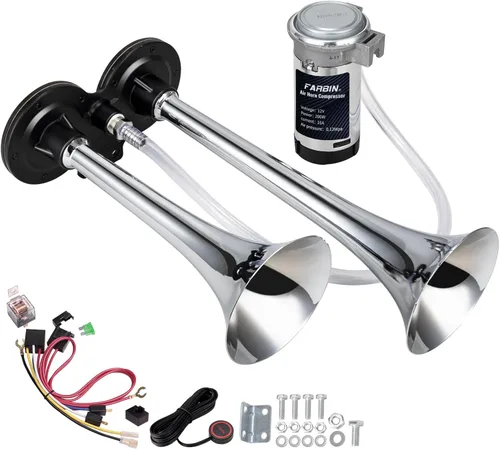 FARBIN - Bocina de coche de 12 V, 150 dB, bocina de aire súper fuerte, bocinas de aire de doble trompeta de zinc cromado, bocina de camión con arnés