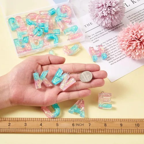 Miniatura 5 de Mega Pet 26 colgantes de resina del alfabeto, dijes de resina epoxi translúcida, letras de colores mezclados de la A a la Z, dijes planos de resina
